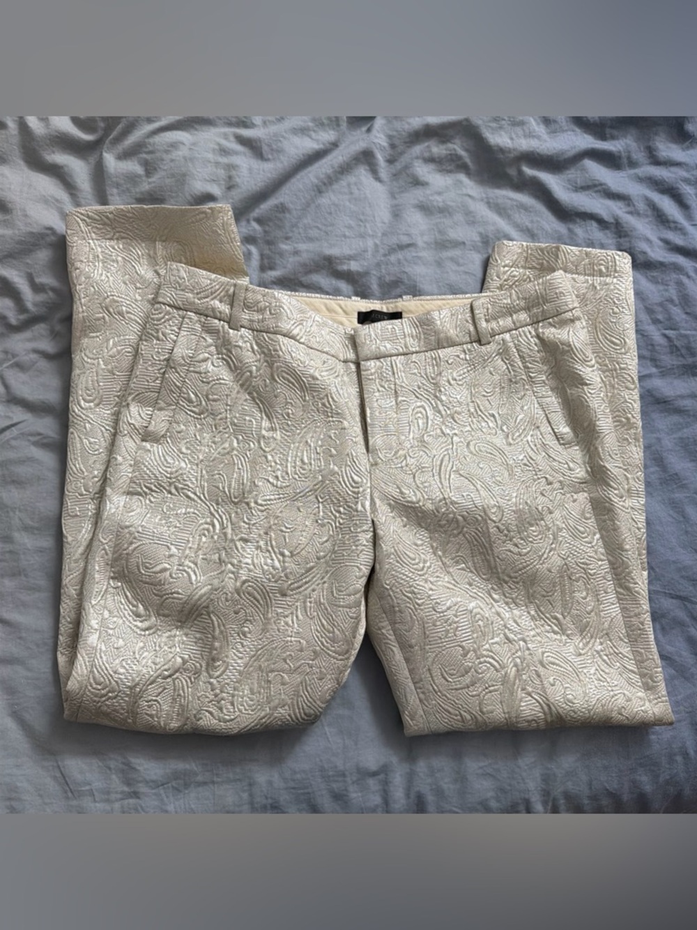 J. Crew Metallic Silver Pearl Paisley Brocade Matelassé Pants Wedding Bridal